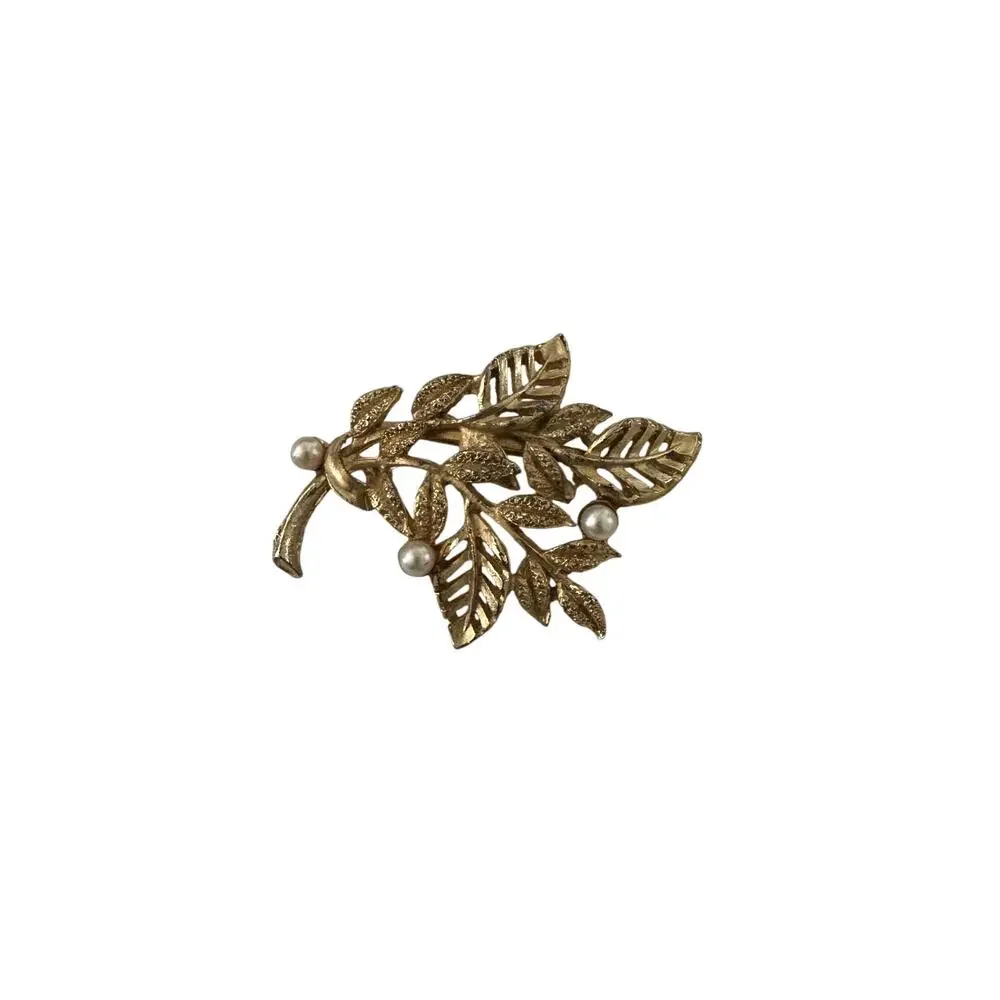Vintage 60s Gold Tone Leaf Brooch with Faux Pearls Classic Mid Century Pin